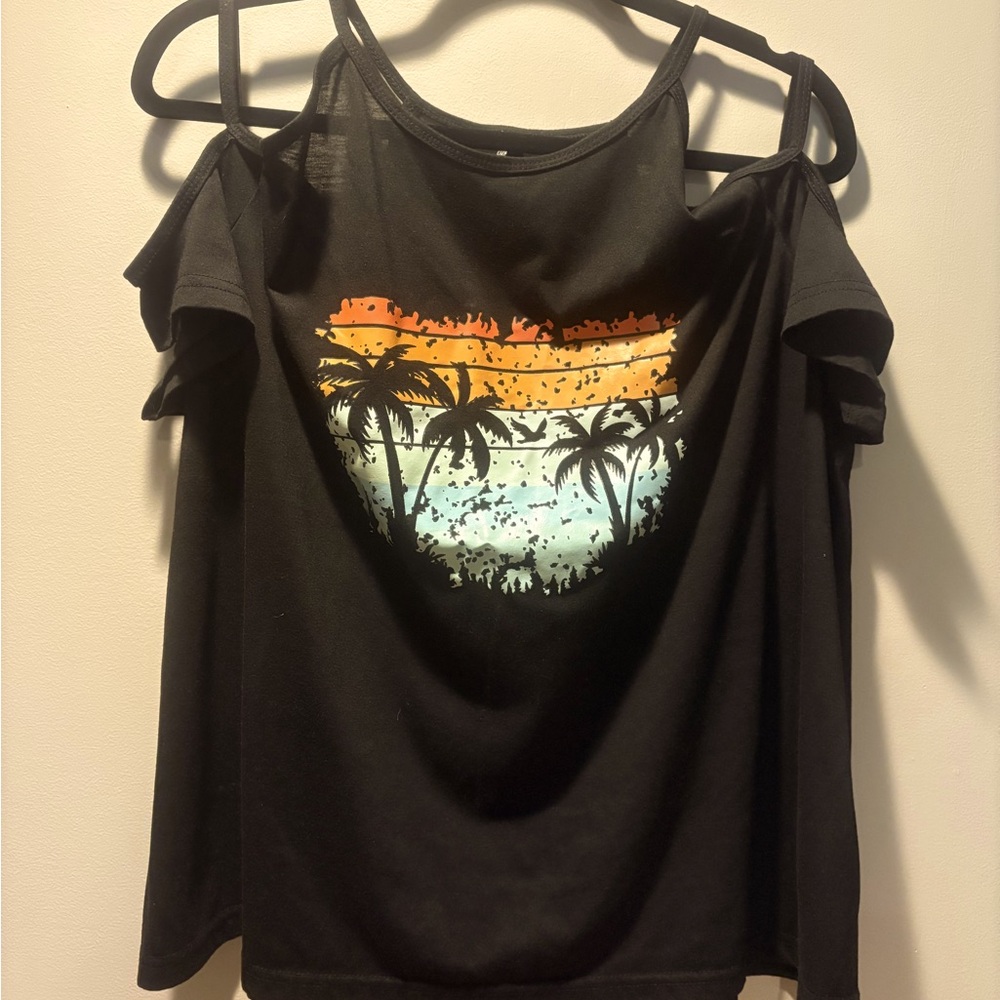 SHEIN Black Tropical Print Cold Shoulder Blouse